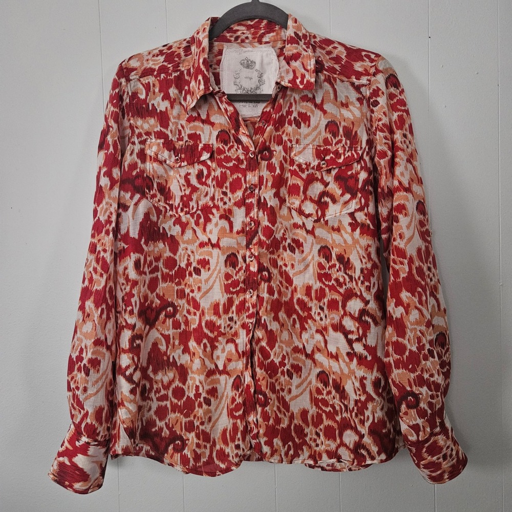Button Down Women L Red Orange Silk Cotton Roll Tab Sleeve Pocket‎ Lightweight